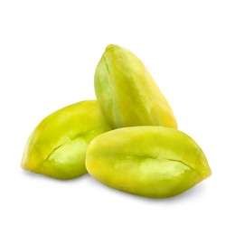 Image of Shelled pistachios on white background. Tasty nut