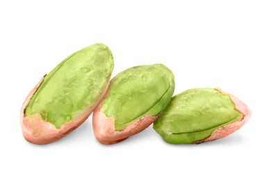 Image of Shelled pistachios on white background. Tasty nut