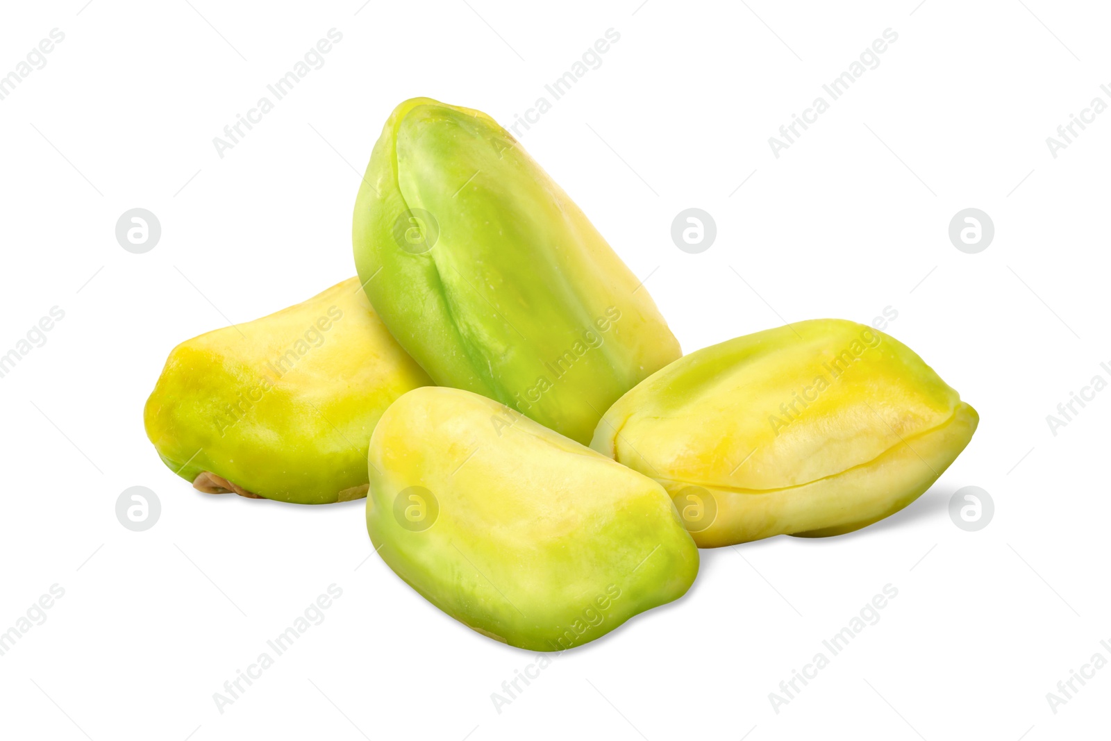 Image of Shelled pistachios on white background. Tasty nut