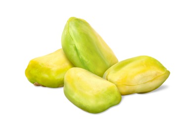 Image of Shelled pistachios on white background. Tasty nut