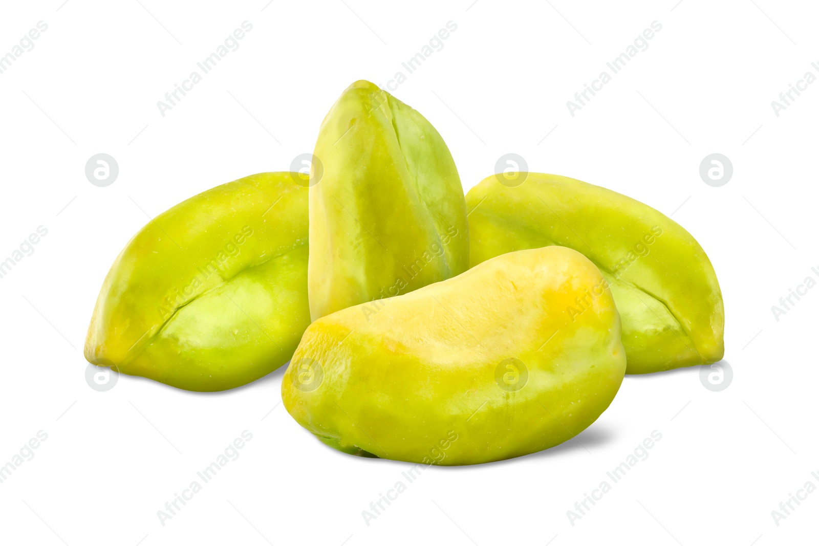 Image of Shelled pistachios on white background. Tasty nut