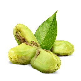 Image of Shelled pistachios and green leaf on white background. Tasty nut