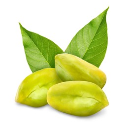 Image of Shelled pistachios and green leaves on white background. Tasty nut