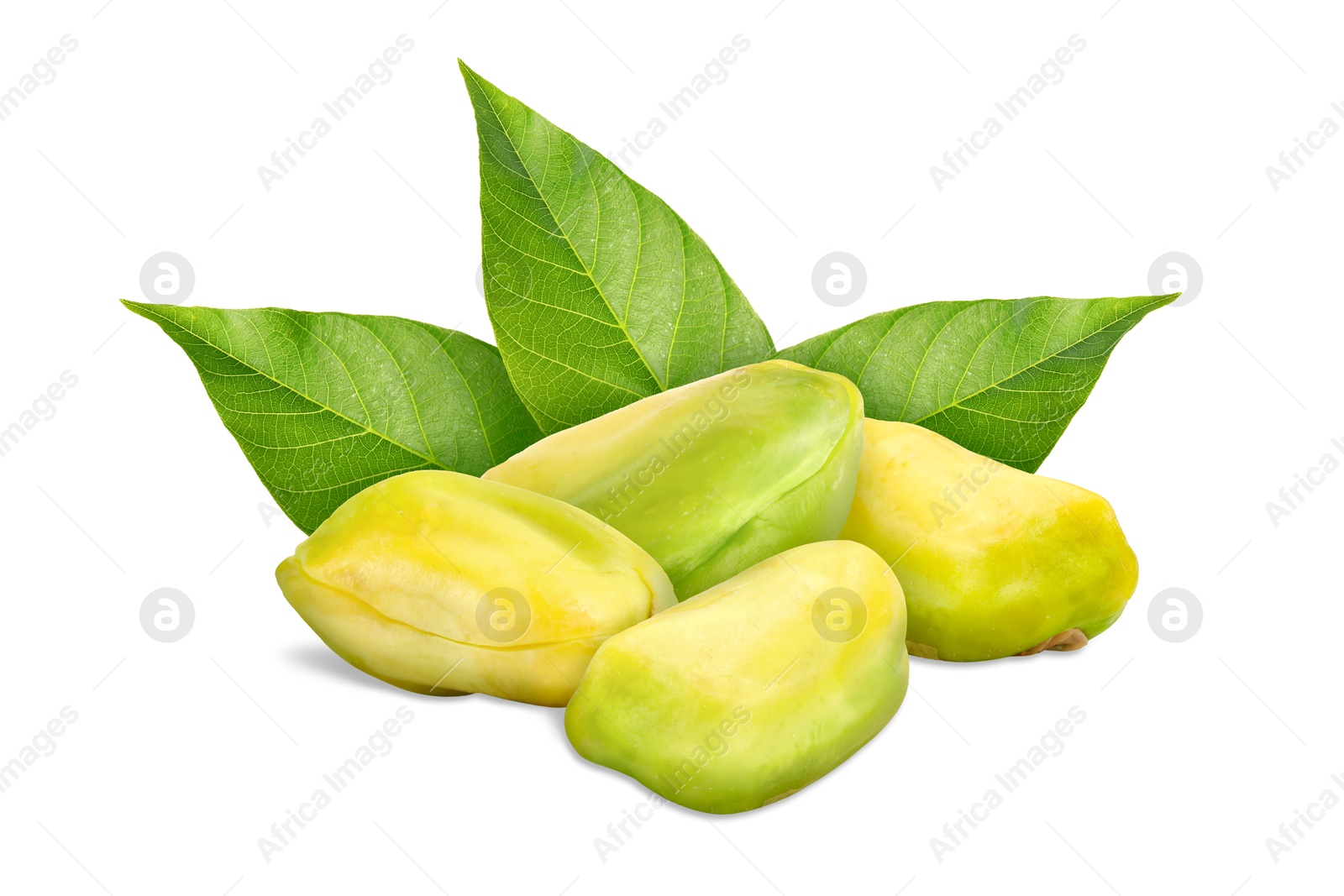 Image of Shelled pistachios and green leaves on white background. Tasty nut