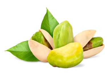 Image of Pistachios and green leaves on white background. Tasty nut