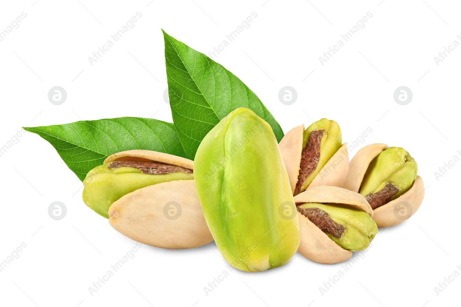 Image of Pistachios and green leaves on white background. Tasty nut