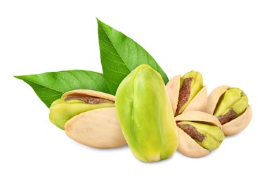 Image of Pistachios and green leaves on white background. Tasty nut