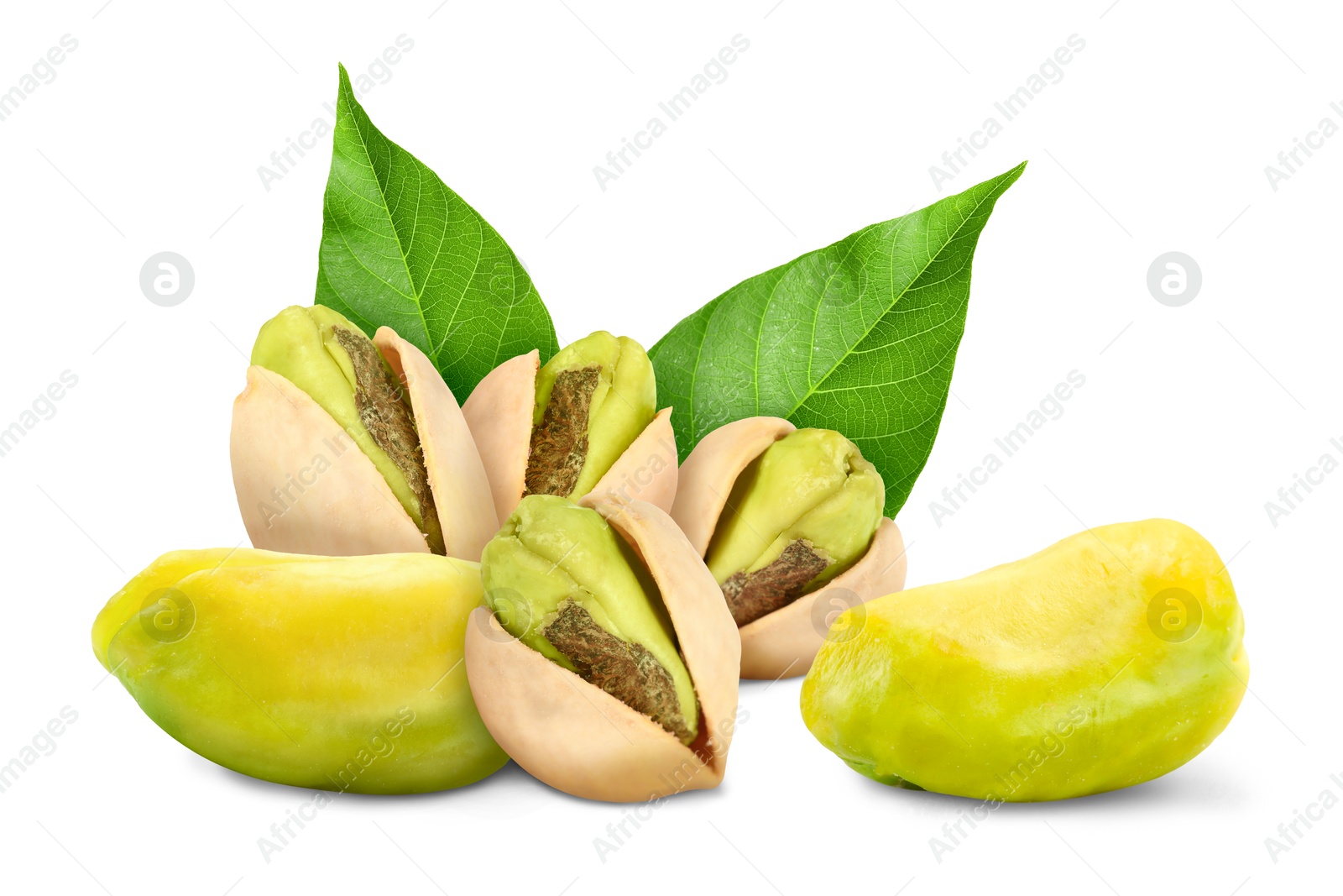 Image of Pistachios and green leaves on white background. Tasty nut