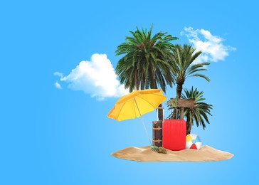 Image of Summer travel. Pile of sand with palms, suitcases, wooden direction sign, beach ball and umbrella under clouds on light blue background