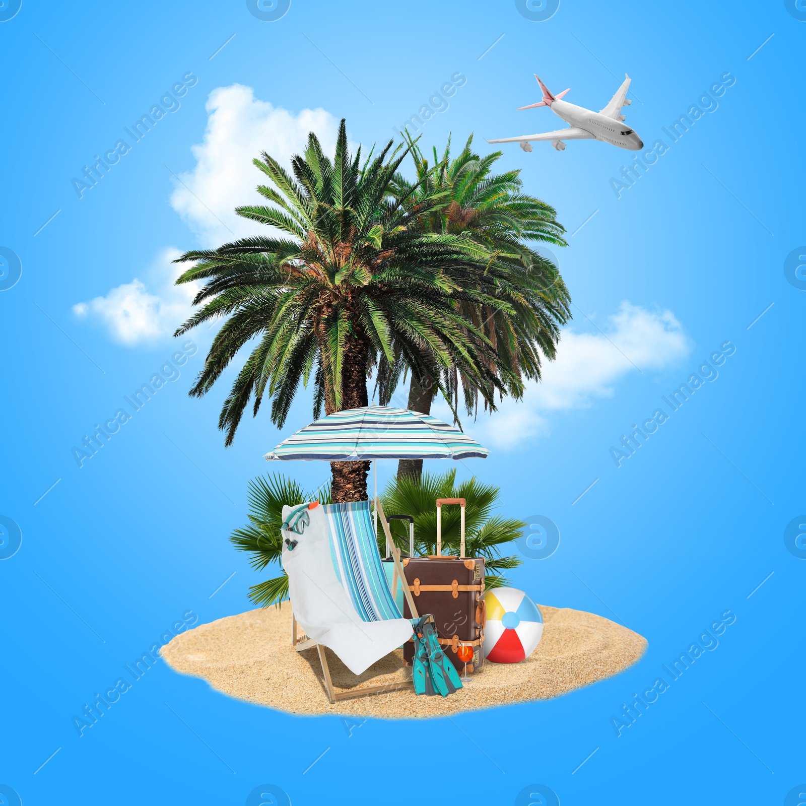 Image of Summer travel. Pile of sand with palms, suitcases, beach ball, sunlounger and umbrella under clouds on light blue background. Plane flying over island