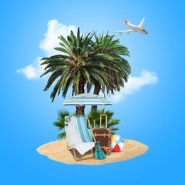 Summer travel. Pile of sand with palms, suitcases, beach ball, sunlounger and umbrella under clouds on light blue background. Plane flying over island