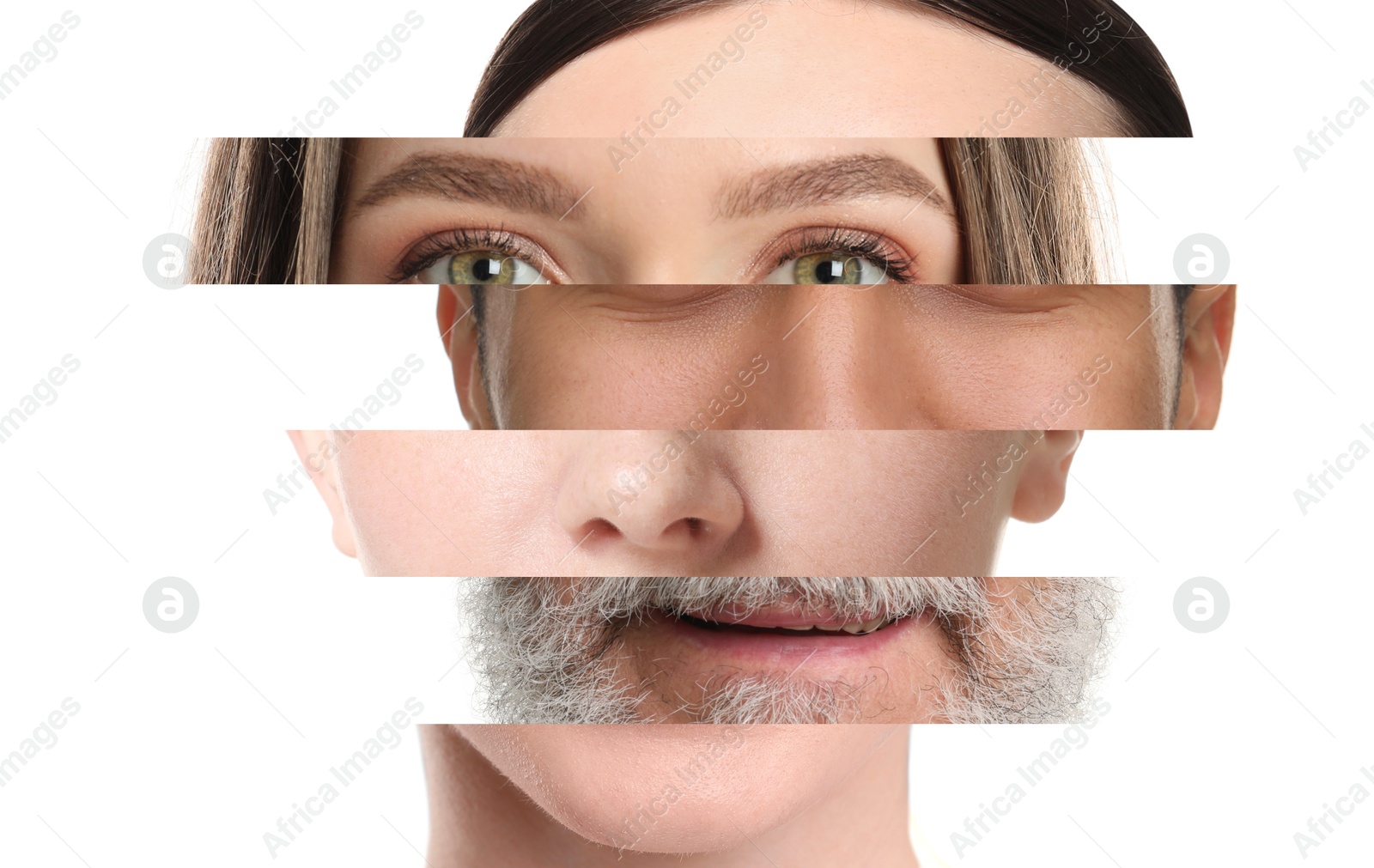 Image of Creative collage with parts of different people's faces on white background