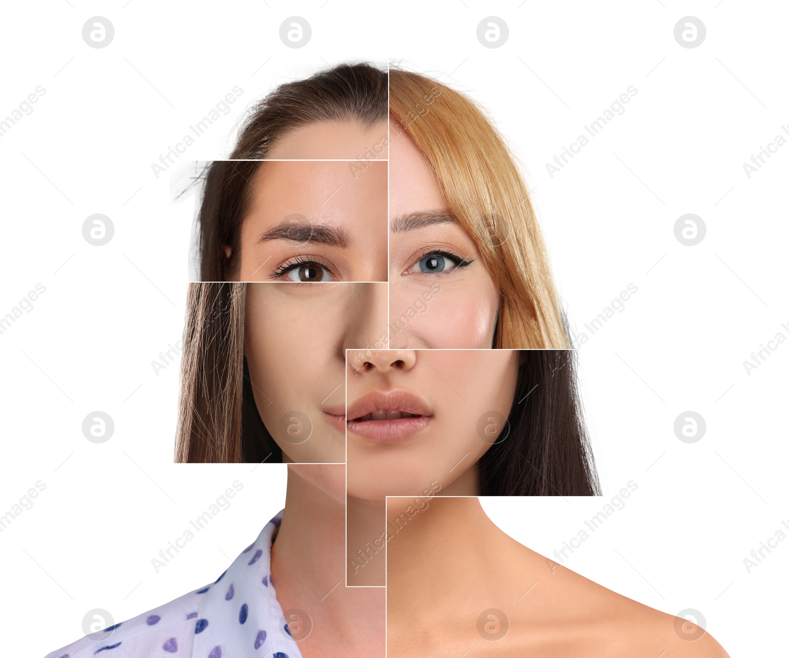 Image of Creative collage with parts of different women's photos combined into portrait on white background