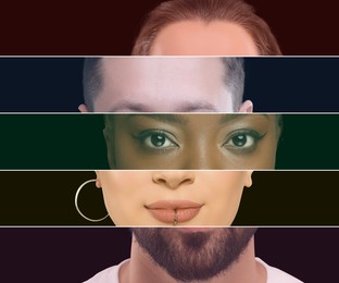 Image of Creative collage with parts of different people's faces on black background