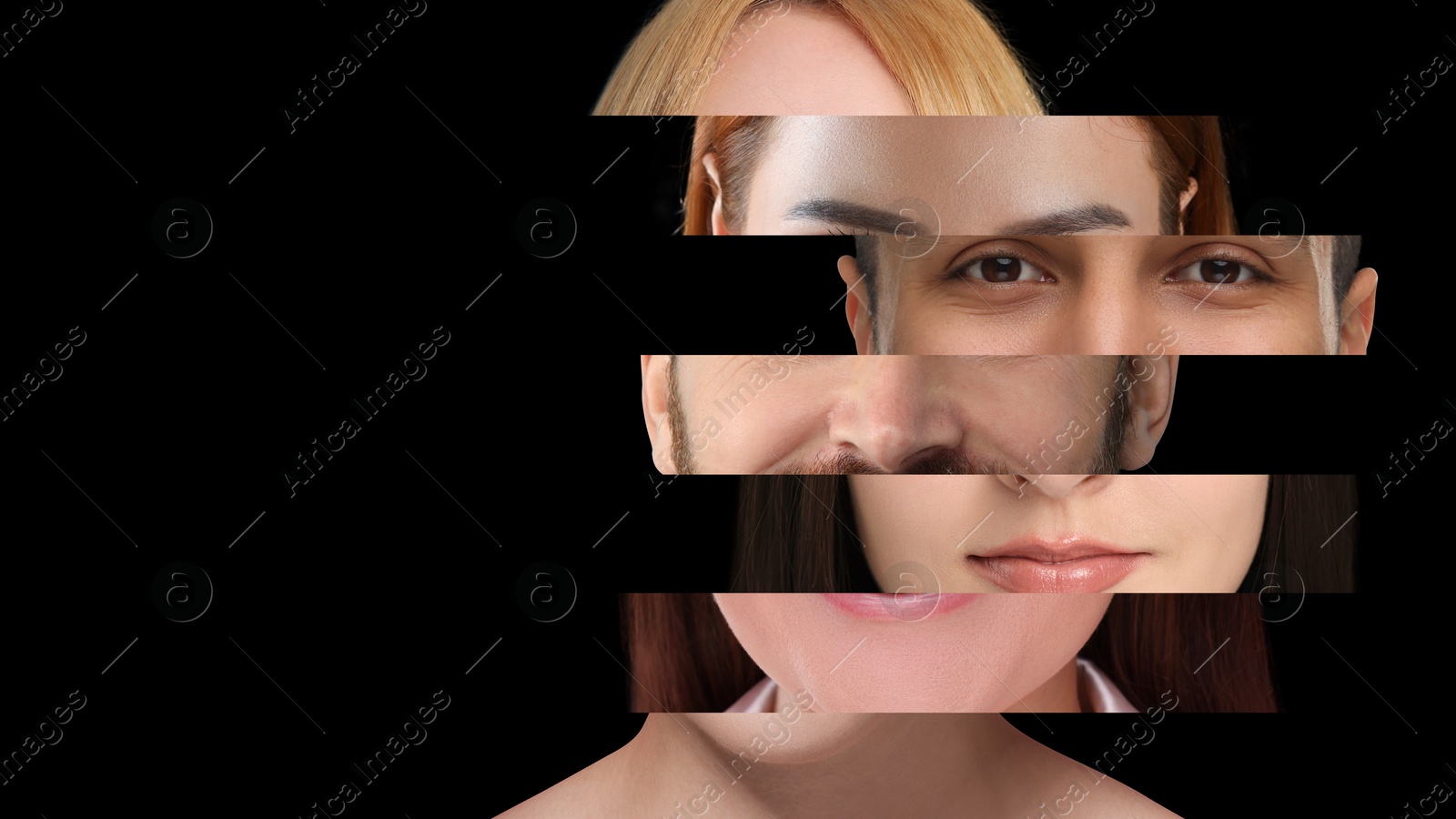 Image of Creative collage with parts of different people's faces on black background. Banner design with space for text