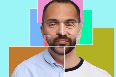 Image of Creative collage with parts of different men's photos combined into portrait on colorful background