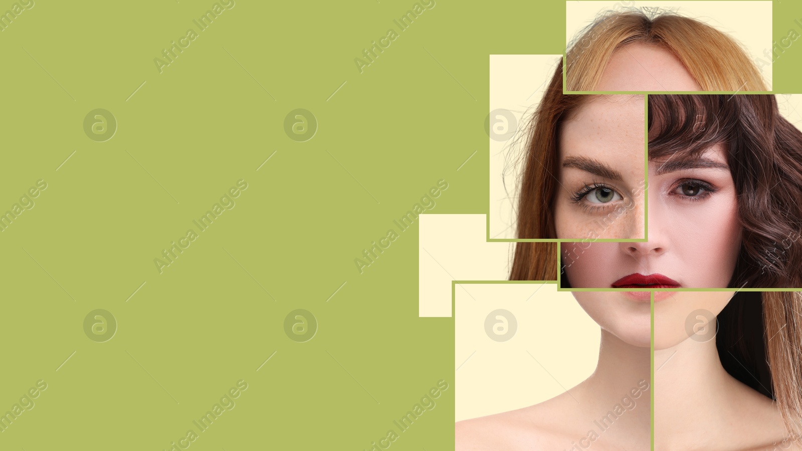 Image of Creative collage with parts of different women's photos combined into portrait on olive color background. Banner design with space for text