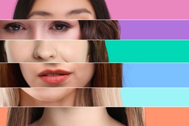 Creative collage with parts of different women's photos combined into portrait on colorful background