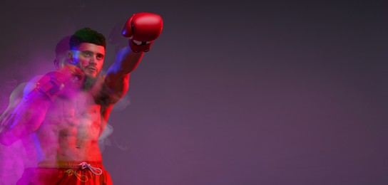 Image of Boxer training in smoke on color background, motion trail effect. Banner design with space for text