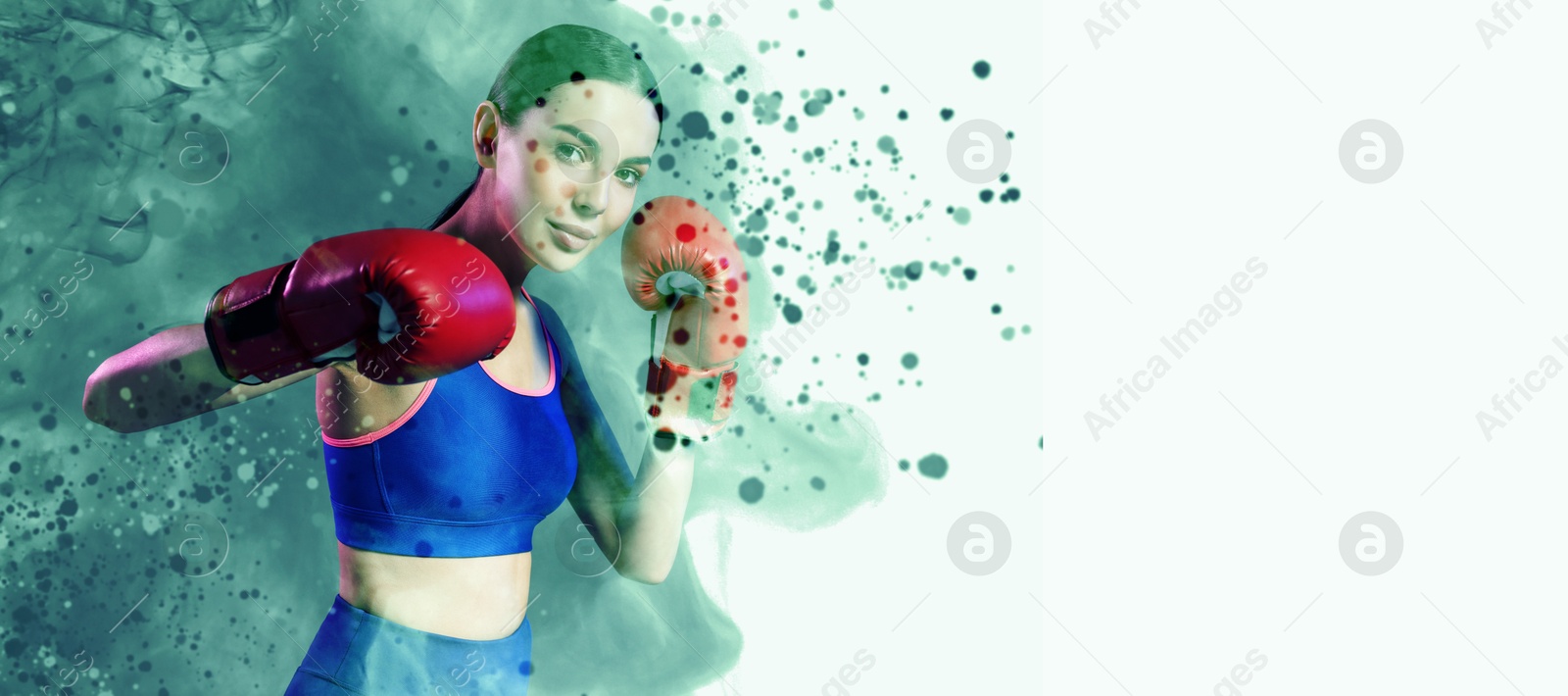 Image of Boxer training in smoke. Banner design with space for text