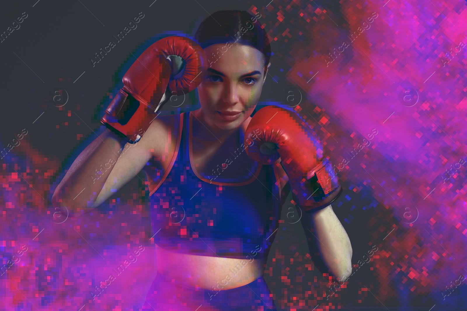 Image of Boxer training in smoke on grey background, glitch effect