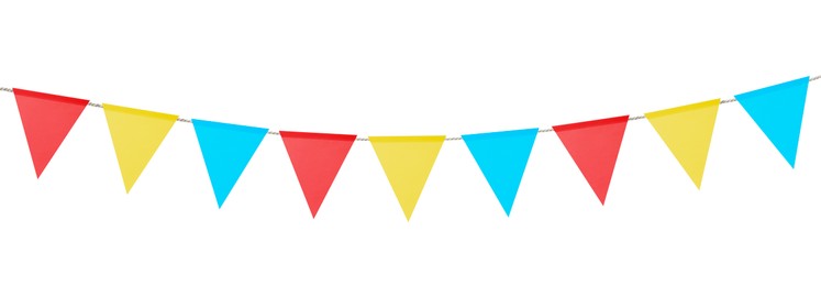 Image of Bright flags on white background. Party decoration