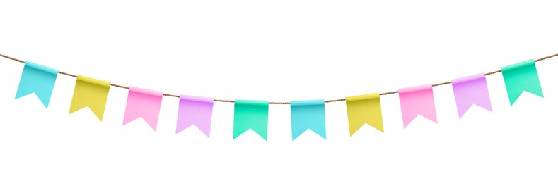 Image of Bright flags on white background. Party decoration