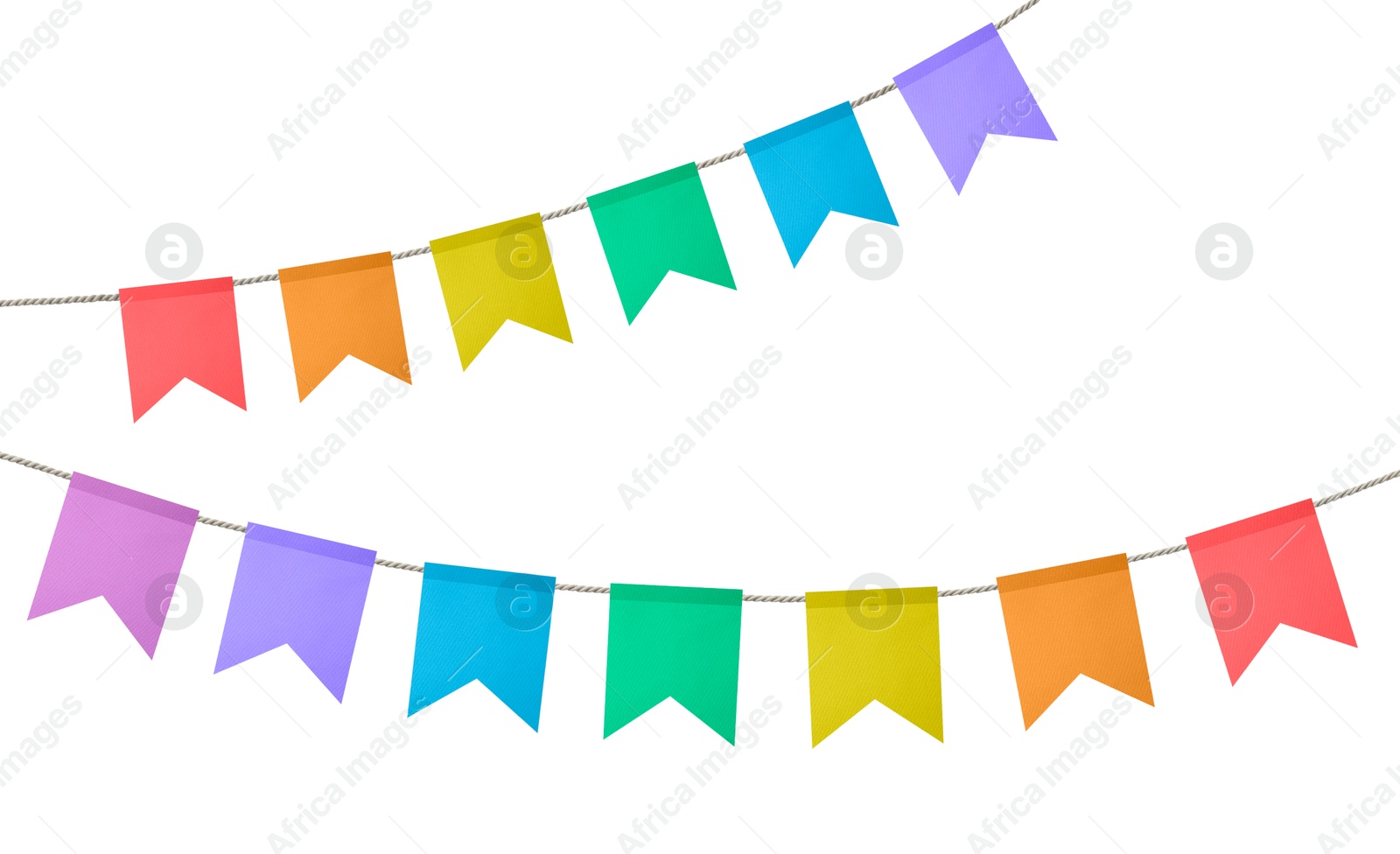 Image of Bright flags on white background. Party decoration