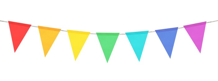 Image of Bright flags on white background. Party decoration