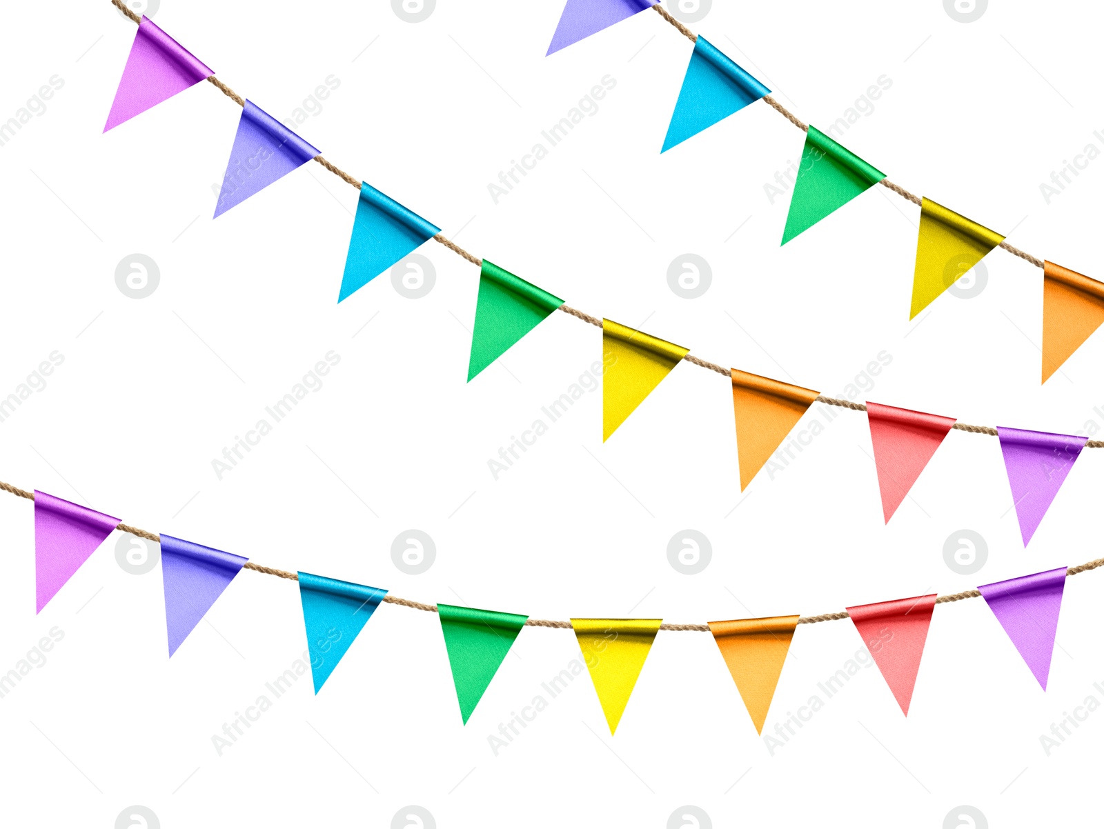 Image of Bright flags on white background. Party decoration