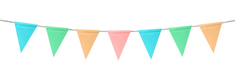 Image of Bright flags on white background. Party decoration