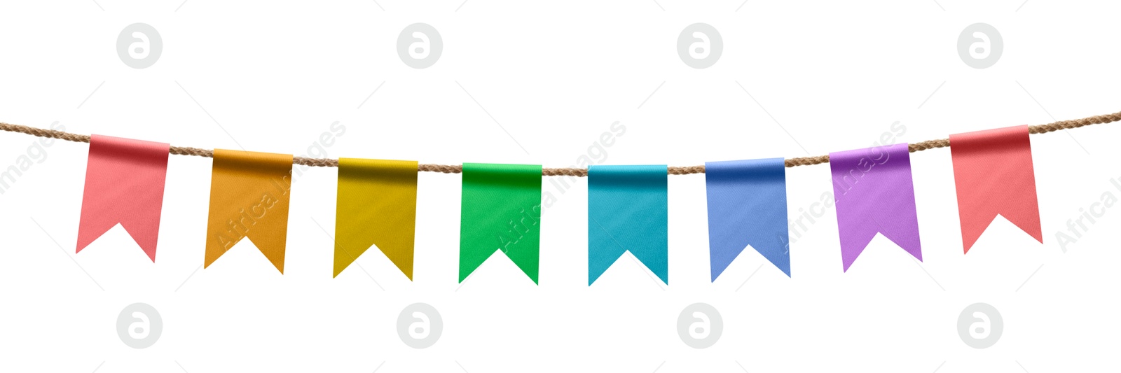 Image of Bright flags on white background. Party decoration