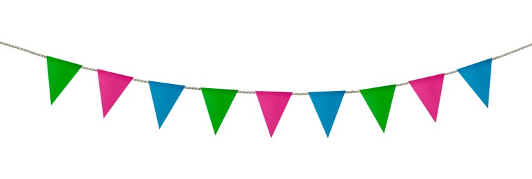 Image of Bright flags on white background. Party decoration