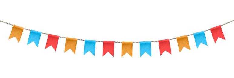 Image of Bright flags on white background. Party decoration