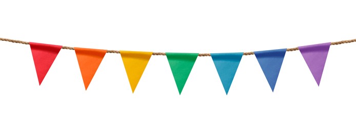 Image of Bright flags on white background. Party decoration