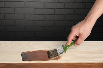 Man with brush applying walnut wood stain onto wooden surface, closeup