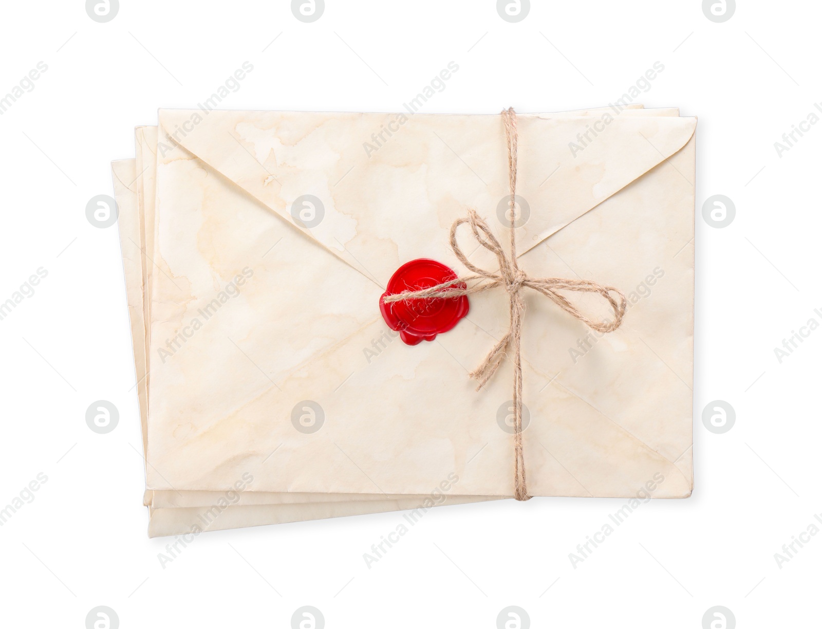 Photo of Stack of old letters with wax stamps on light grey background, top view