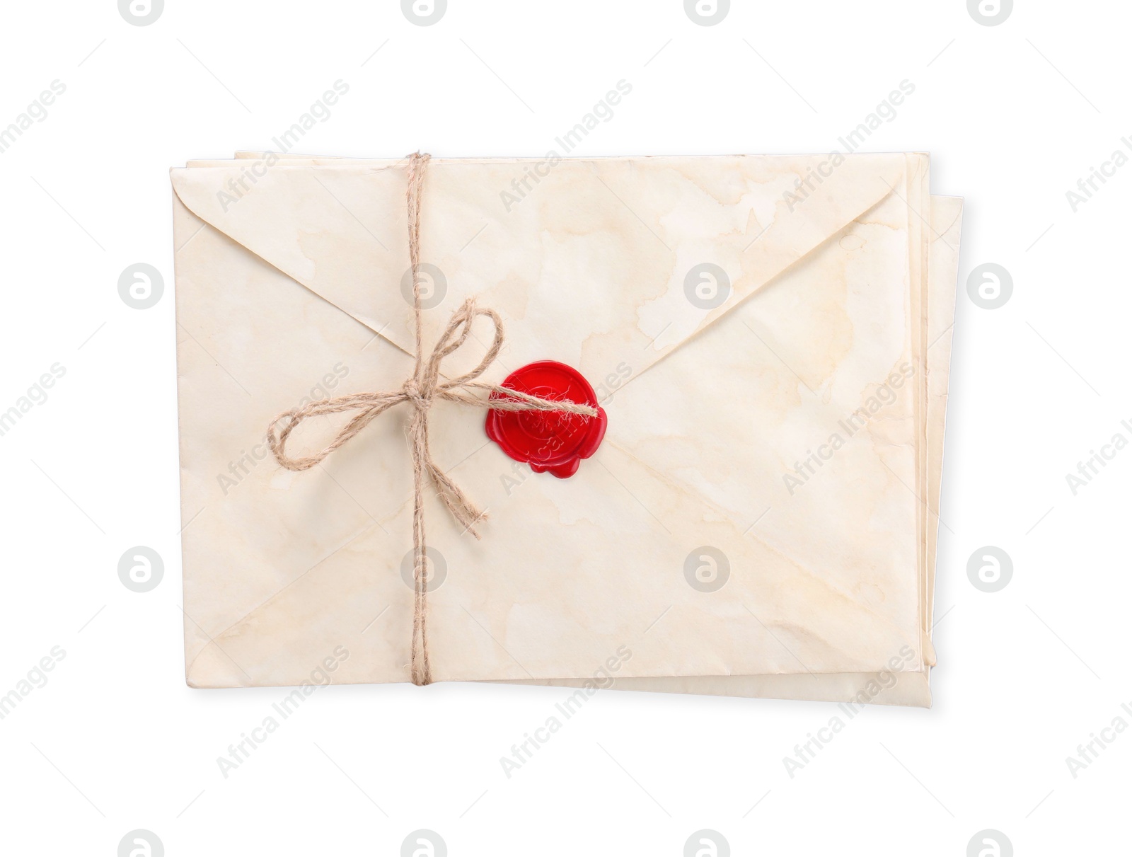 Photo of Stack of old letters with wax stamps on light grey background, top view