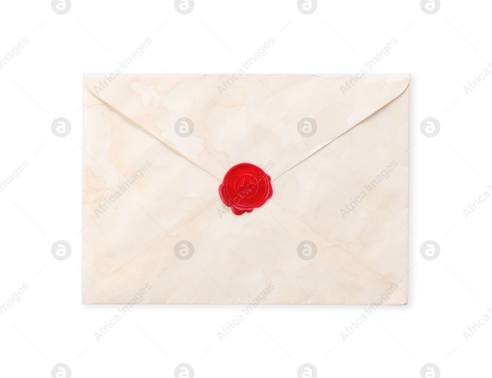 Photo of Old letter with wax stamp on light grey background, top view