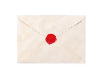 Old letter with wax stamp on light grey background, top view