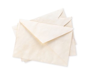 Stack of old letters on light grey background, top view