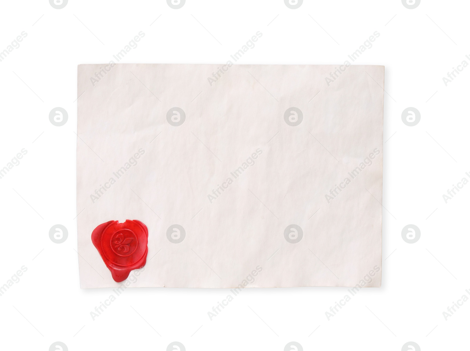 Photo of One old blank letter with wax stamp on light grey background, top view