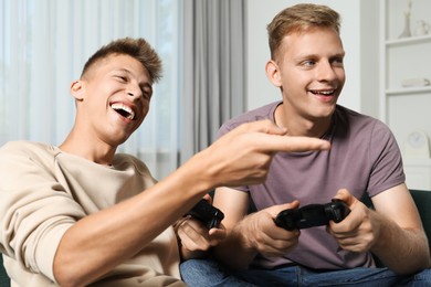 Happy brothers playing video game at home