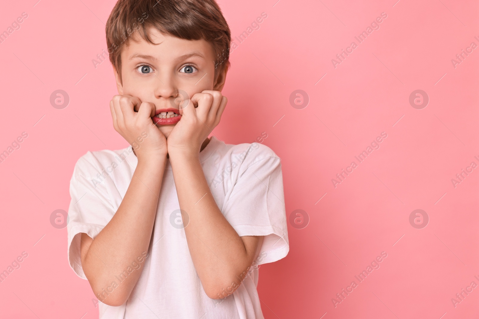 Photo of Portrait of scared little boy on pink background. Space for text