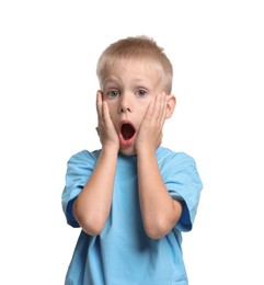 Portrait of scared little boy on white background