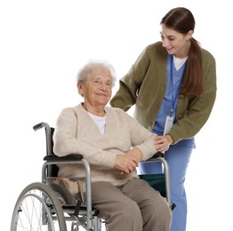 Caregiver assisting senior woman in wheelchair on white background. Home health care service