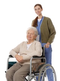 Caregiver assisting senior woman in wheelchair on white background. Home health care service