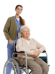 Caregiver assisting senior woman in wheelchair on white background. Home health care service