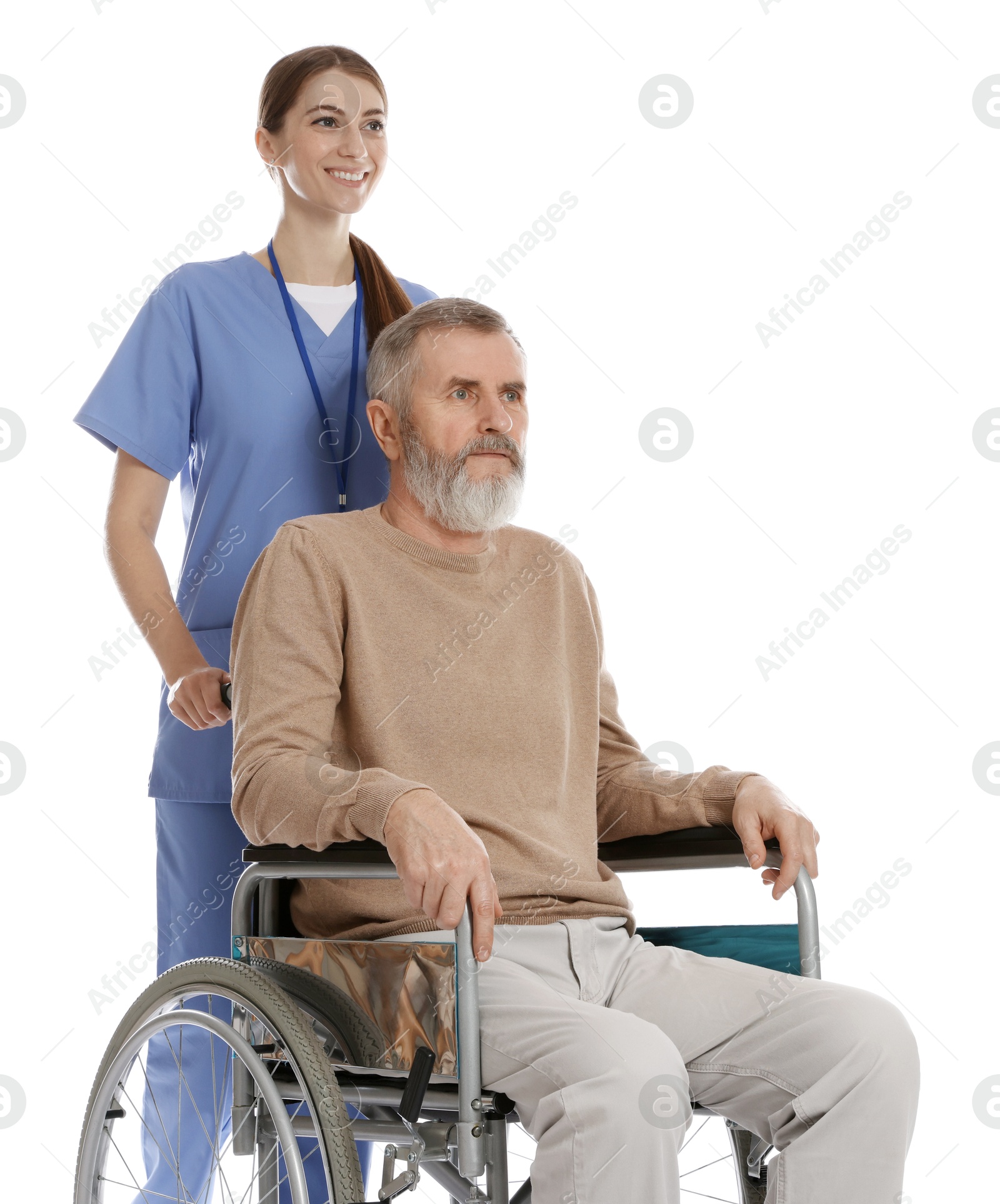 Photo of Caregiver assisting senior man in wheelchair on white background. Home health care service