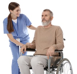 Caregiver assisting senior man in wheelchair on white background. Home health care service